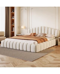 Streamdale Beige Velvet Queen Bed Frame with Shell-Shaped Headboard