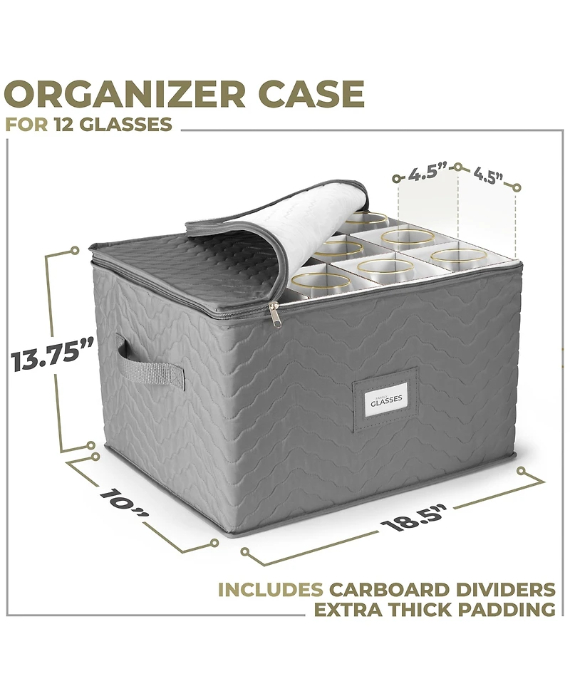 Sorbus Quilted Glassware Storage Case with Dividers - Holds 12 - Great for Protecting Wine Glasses, Champagne Flutes, Goblets, and more (Gray)