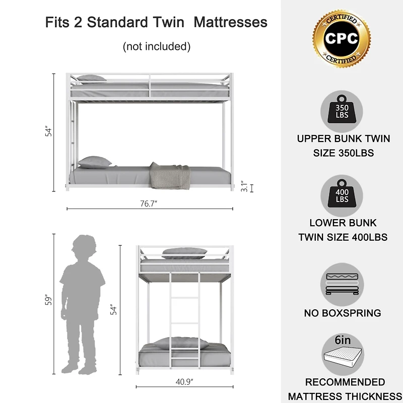 Simplie Fun Adam Sturdy Twin over Twin Metal Bunk White for Kids and Adult, Low Profile and Easy Climbing with Stable Ladder