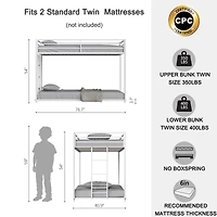 Simplie Fun Adam Sturdy Twin over Twin Metal Bunk White for Kids and Adult, Low Profile and Easy Climbing with Stable Ladder