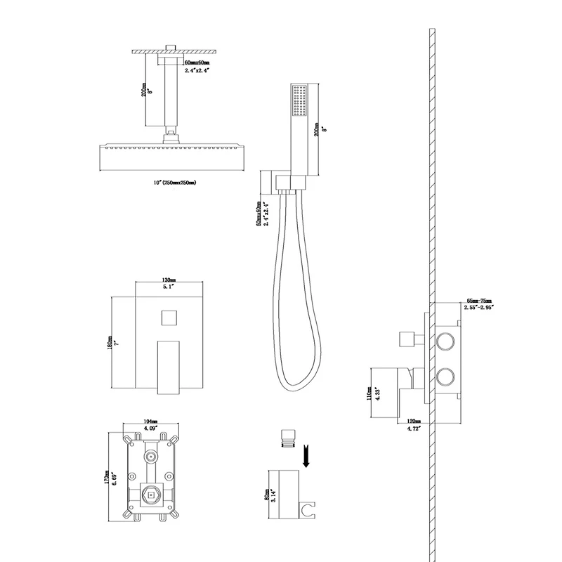 10" Rain Shower Head Systems, Matte Black, Ceiling Mounted Shower