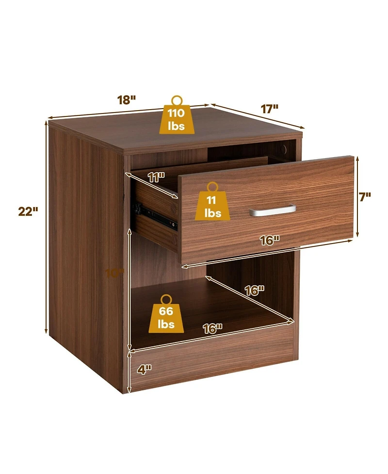 2-Tier Modern Wooden Nightstand with Storage Drawer and Open Cabinet