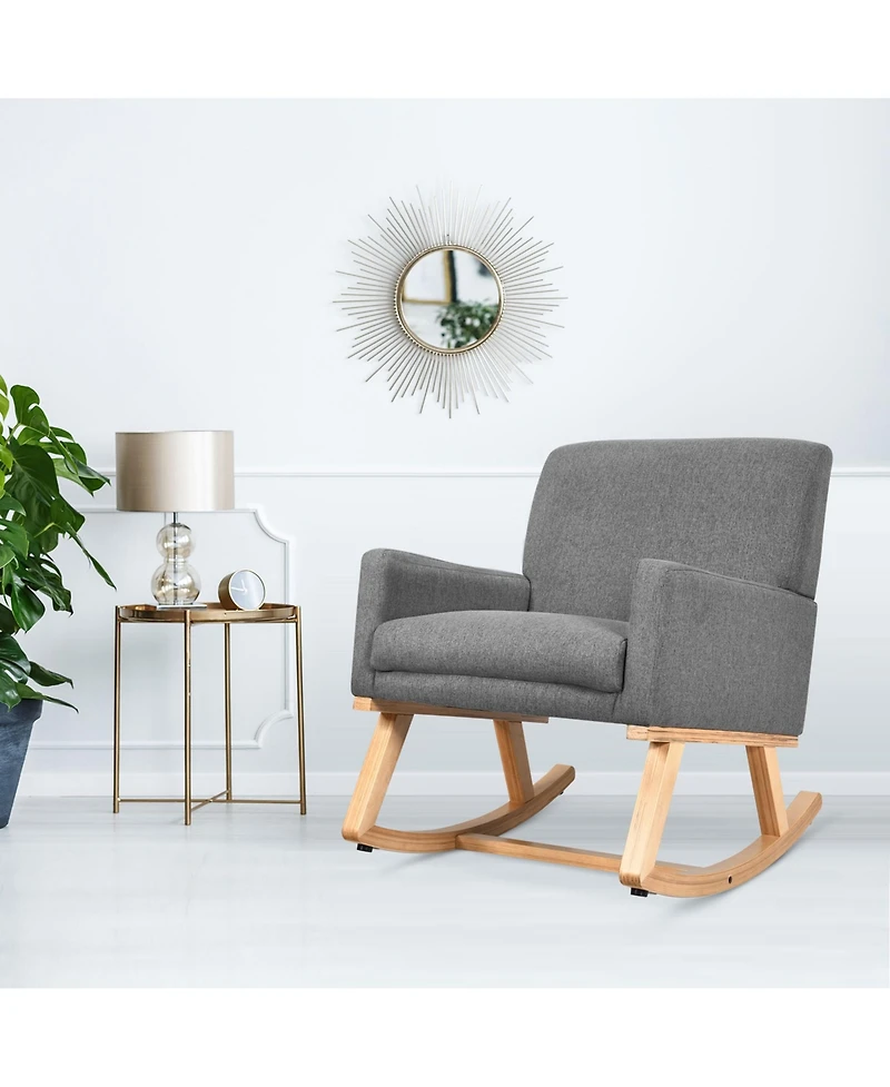 Gymax Mid Century Fabric Rocking Chair Upholstered Accent Armchair Lounge Gray