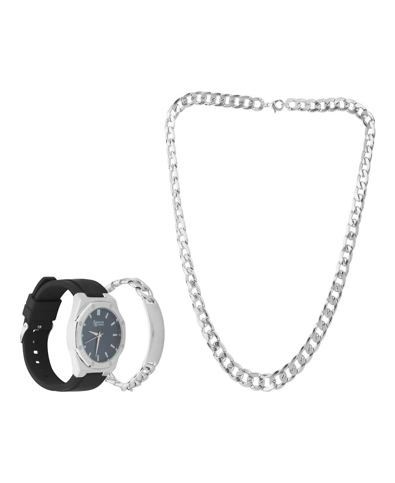 American Exchange Men's Matte Black Silicone Strap Analog Watch 42mm with Necklace and Bracelet Gift Set