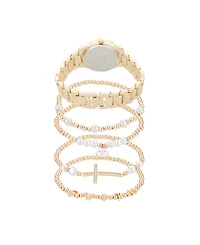 American Exchange Women's Shiny Gold Metal Alloy Analog Watch 33mm with Stackable Bracelets Gift Set