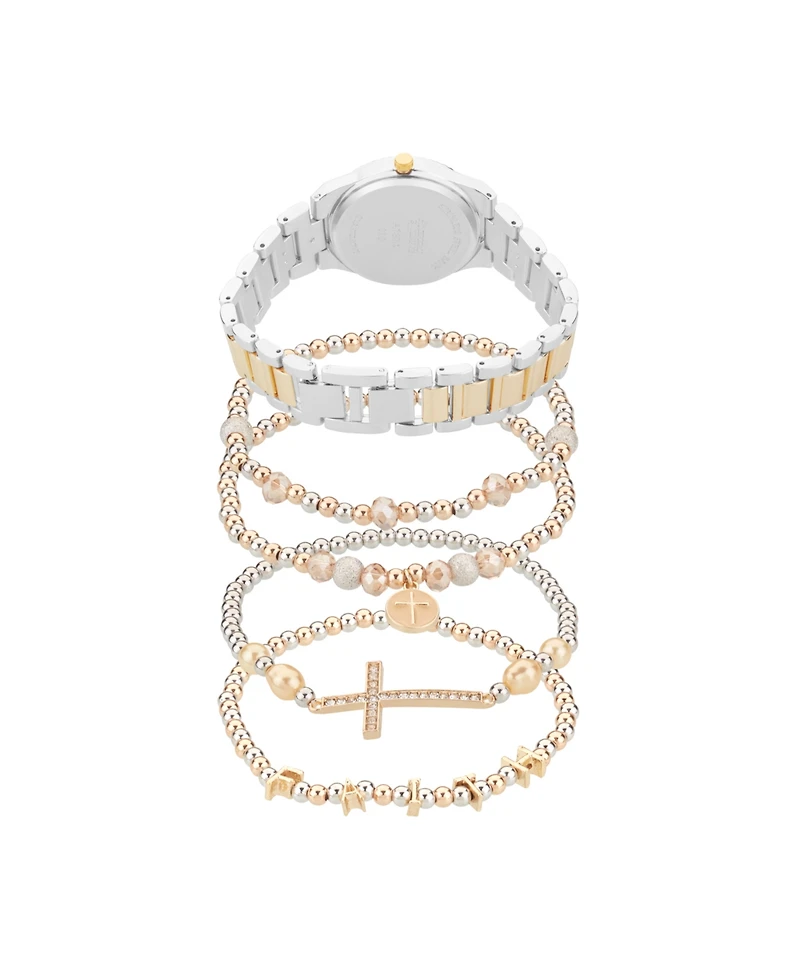 American Exchange Women's Shiny Two-Tone Metal Alloy Analog Watch 33mm with Stackable Bracelets Gift Set
