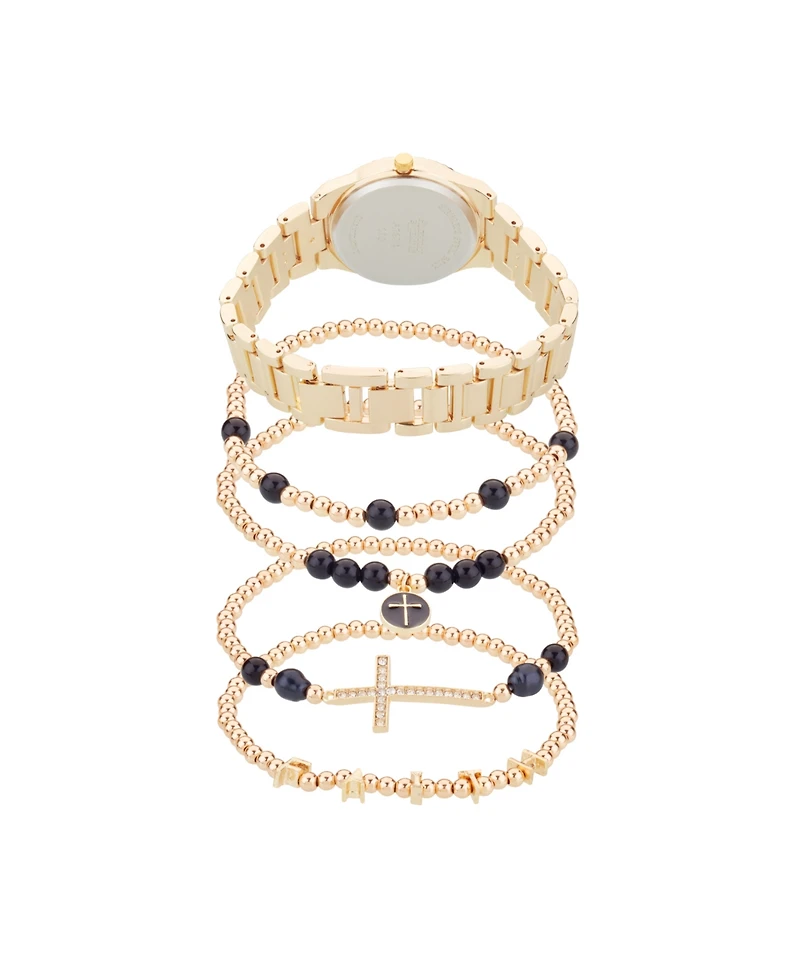 American Exchange Women's Shiny Gold Metal Alloy Analog Watch 33mm with Stackable Bracelets Gift Set