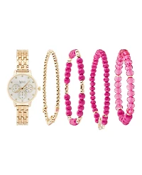 American Exchange Women's Shiny Gold Metal Alloy Band Analog Watch 31mm with Stackable Bracelets Gift Set