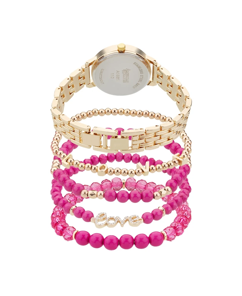 American Exchange Women's Shiny Gold Metal Alloy Band Analog Watch 31mm with Stackable Bracelets Gift Set