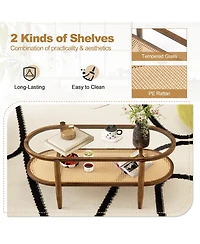 2-Tier Coffee Table Tempered Glass Top with Pe Rattan Shelf & Acacia Wood Frame