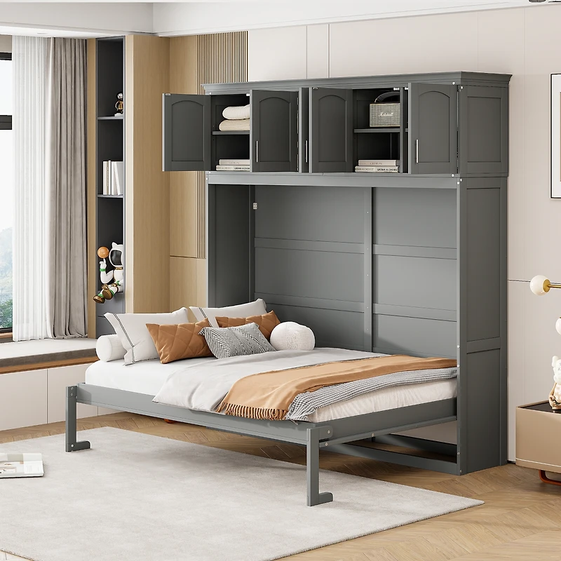 Streamdale Full Murphy Bed Wall with Top Cabinets, Gray