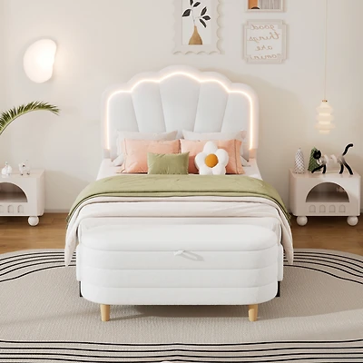 Streamdale Twin Size Flower-Shaped Led Platform Bed with Storage Ottoman, White