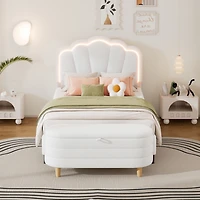 Streamdale Twin Size Flower-Shaped Led Platform Bed with Storage Ottoman, White