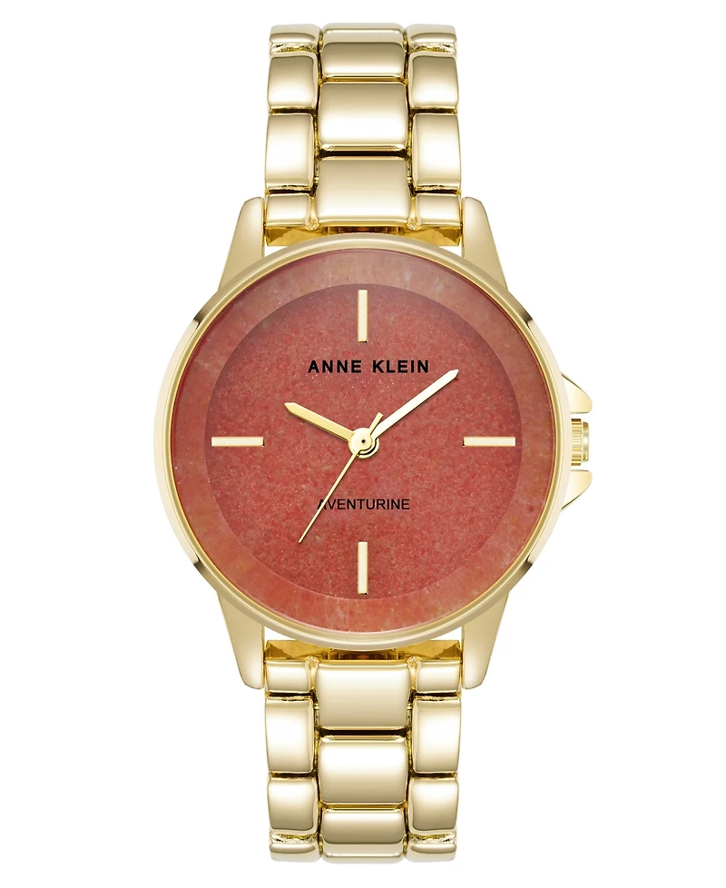 Anne Klein Women's Quartz Red Aventurine Gemstone and Gold-Tone Alloy Metal Bracelet Watch, 30mm