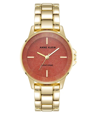 Anne Klein Women's Quartz Red Aventurine Gemstone and Gold-Tone Alloy Metal Bracelet Watch, 30mm