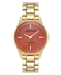 Anne Klein Women's Quartz Red Aventurine Gemstone and Gold-Tone Alloy Metal Bracelet Watch, 30mm
