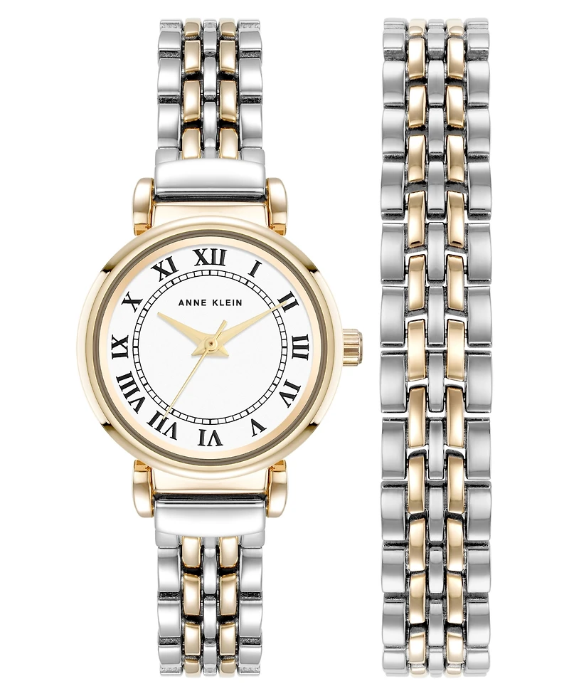 Anne Klein Women's Quartz Roman Numeral Two-Tone Alloy Metal Bracelet Watch Set, 24mm