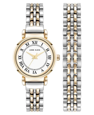Anne Klein Women's Quartz Roman Numeral Two-Tone Alloy Metal Bracelet Watch Set, 24mm