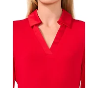 CeCe Women's Woven-Collar Knit Long-Sleeve Top