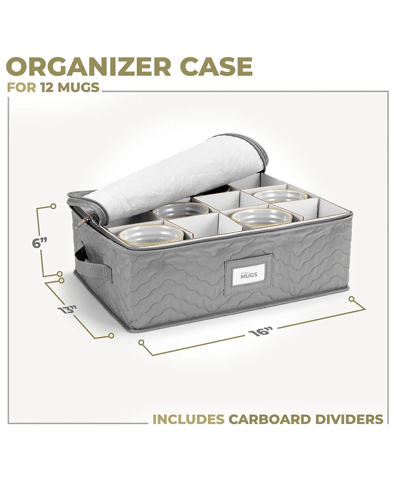 Sorbus Quilted Coffee Mug Storage Case - Features label windows, handles, and dividers for 12 Mugs/Glassware (Gray)