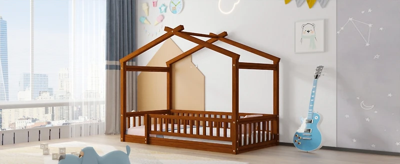 Streamdale Walnut Fence Bed House Frame for Kids and Teens