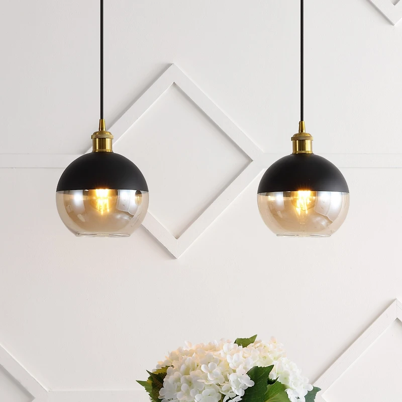 Jonathan Y Nixon 7.5" 1-Light Mid-Century Modern Metal/Glass Adjustable Drop Globe Led Pendants, Brass Gold/Black (Set of 2)