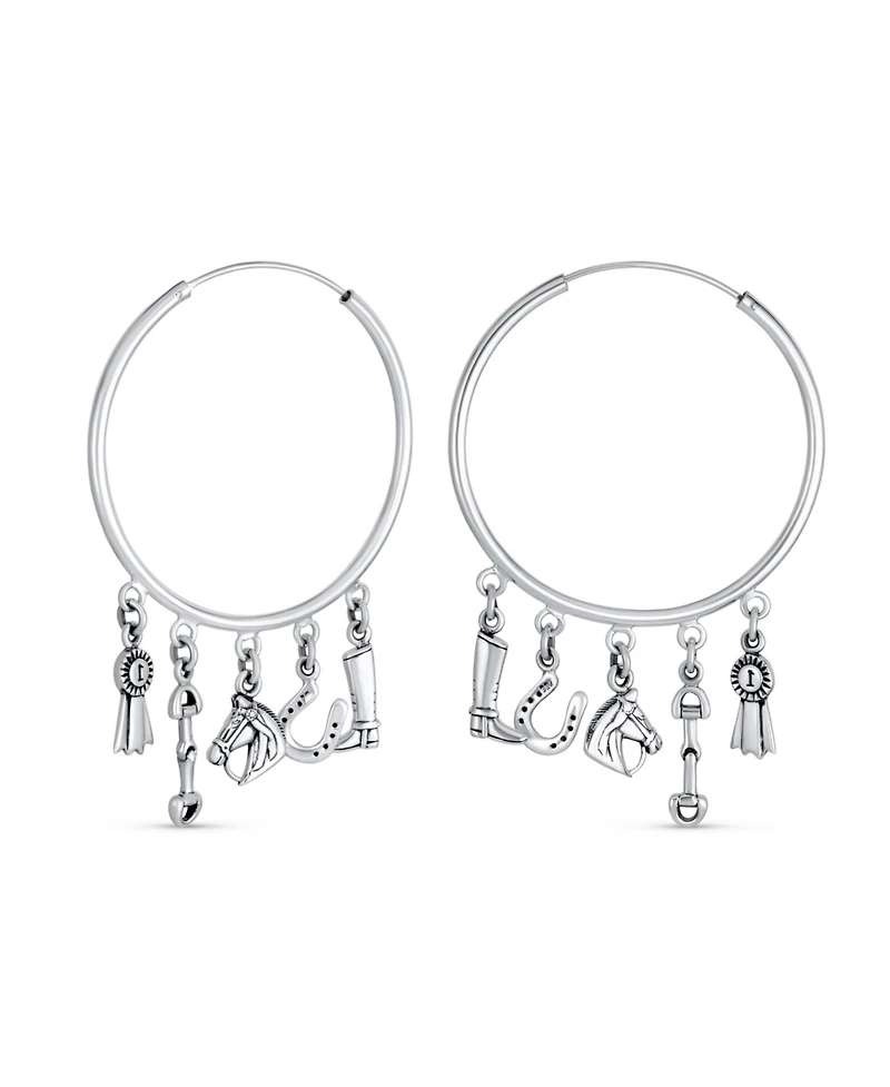 Bling Jewelry Blue Ribbon Horse Riding Boot Horseshoe Dangle Multi Charms Cowgirl Equine Gift Equestrian Big Dangling Horse Hoop Earrings Sterling Sil