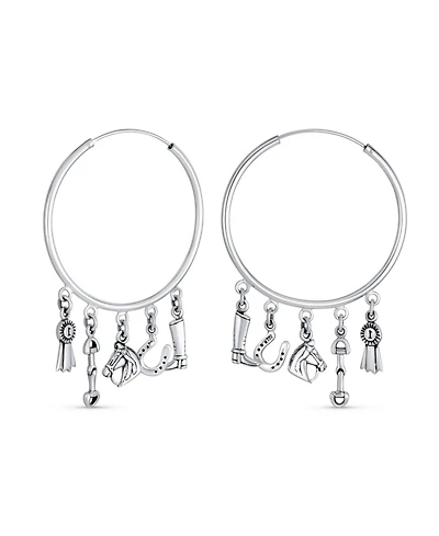 Bling Jewelry Blue Ribbon Horse Riding Boot Horseshoe Dangle Multi Charms Cowgirl Equine Gift Equestrian Big Dangling Horse Hoop Earrings Sterling Sil