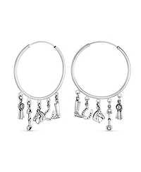 Bling Jewelry Blue Ribbon Horse Riding Boot Horseshoe Dangle Multi Charms Cowgirl Equine Gift Equestrian Big Dangling Horse Hoop Earrings Sterling Sil