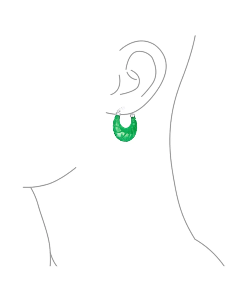 Bling Jewelry Scallop Green Jade Carved Shell Shrimp Oval Green Natural Jade Hoop Earrings Sterling Silver 1.2 Inch Diameter