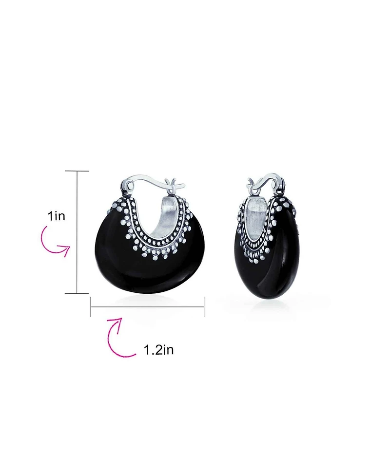 Bling Jewelry Boho Bali Style Tribal Oval Half Crescent Stone Hoop Earrings Oxidized Milgrain Caviar Bead Sterling Silver