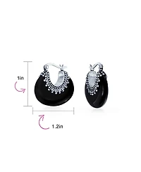 Bling Jewelry Boho Bali Style Tribal Oval Half Crescent Stone Hoop Earrings Oxidized Milgrain Caviar Bead Sterling Silver