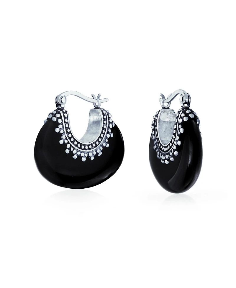 Bling Jewelry Boho Bali Style Tribal Oval Half Crescent Stone Hoop Earrings Oxidized Milgrain Caviar Bead Sterling Silver