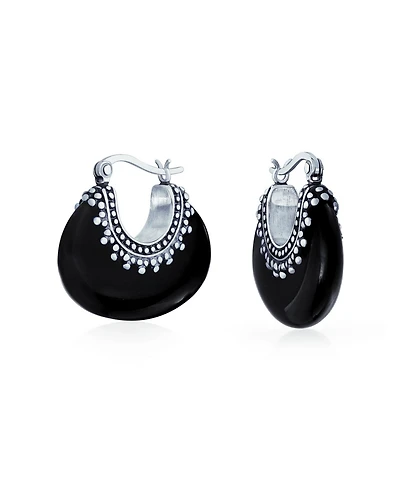 Bling Jewelry Boho Bali Style Tribal Oval Half Crescent Stone Hoop Earrings Oxidized Milgrain Caviar Bead Sterling Silver