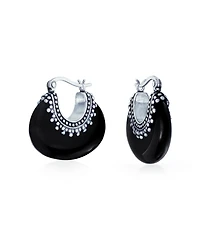 Bling Jewelry Boho Bali Style Tribal Oval Half Crescent Stone Hoop Earrings Oxidized Milgrain Caviar Bead Sterling Silver