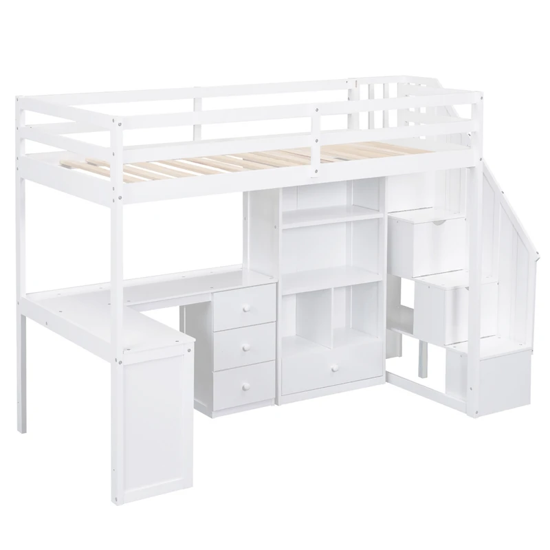 Streamdale Twin Loft Bed with Desk, Storage, and Staircase White