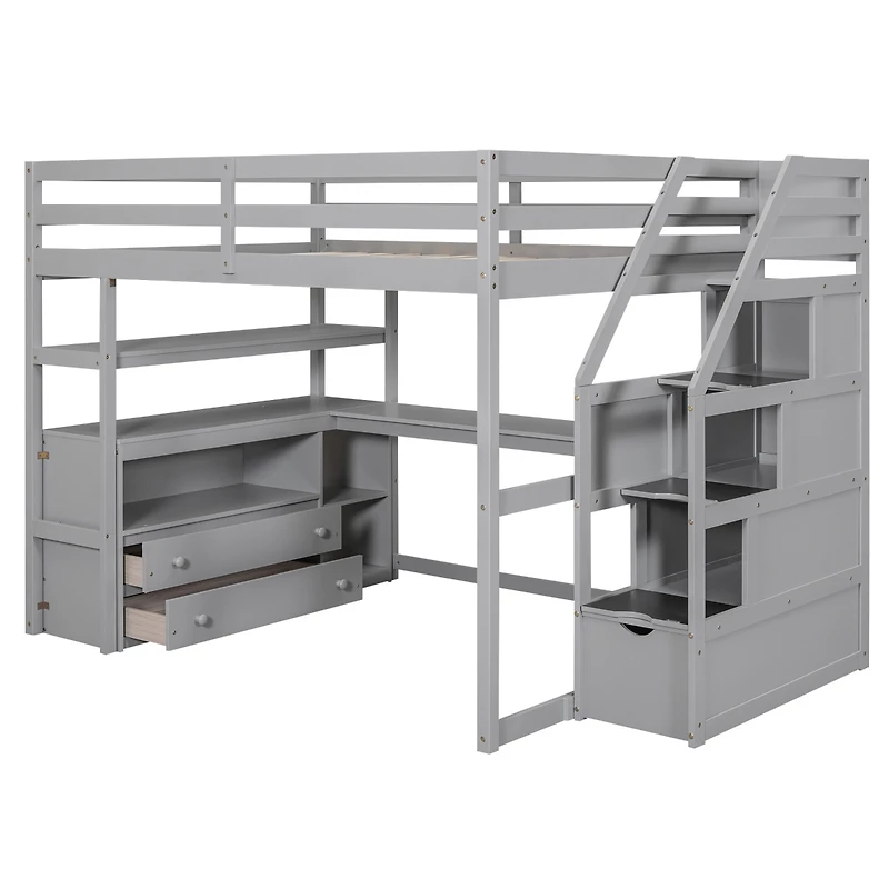 Simplie Fun Full Loft Bed With Desk And Shelves, Two Built-In Drawers, Storage Staircase, Gray