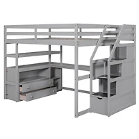 Simplie Fun Full Loft Bed With Desk And Shelves, Two Built-In Drawers, Storage Staircase, Gray
