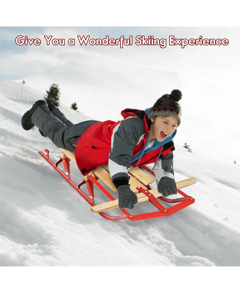 Givimo 54 Inch Kids Wooden Snow Sled with Metal Runners and Steering Bar