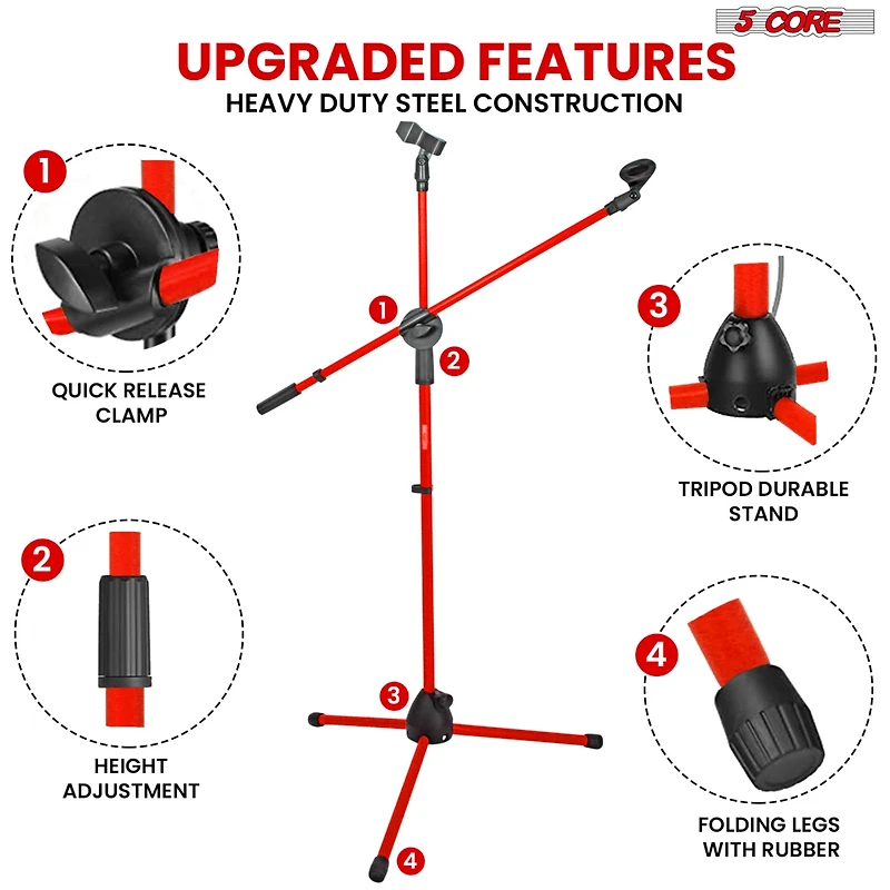 5 Core Mic Stand 4 Pcs Collapsible Height Adjustable 31 to 59” Dual Metal Microphone Tripod Stand w Boom Arm Stand Para Microfono for Singing