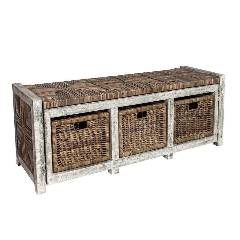 Happimess Rustic 3-Drawer Wicker Storage Bench