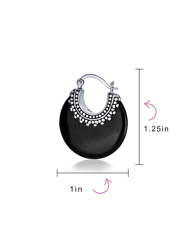 Bling Jewelry Tribal Black Natural Onyx Round Half Crescent Hoop Earrings Oxidized Milgrain Caviar Bead Sterling Silver