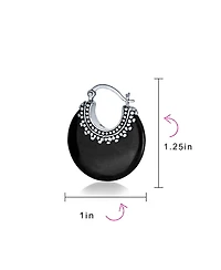 Bling Jewelry Tribal Black Natural Onyx Round Half Crescent Hoop Earrings Oxidized Milgrain Caviar Bead Sterling Silver