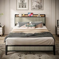 Simplie Fun Queen Size Bed Frame with Charging Station, Upholstered Headboard, Metal Platform, Grey
