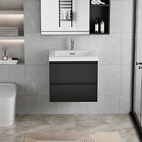 Simplie Fun Glossy Black 24 Inch Wall Mounted Bathroom Vanity with Glossy White Resin Sink