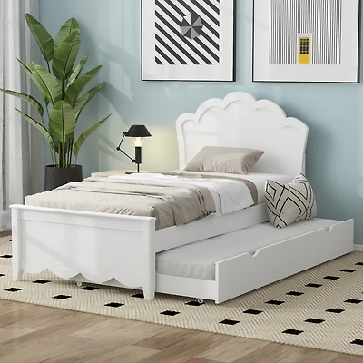 Streamdale Twin Size Wood Platform Bed with Headboard and Trundle, White