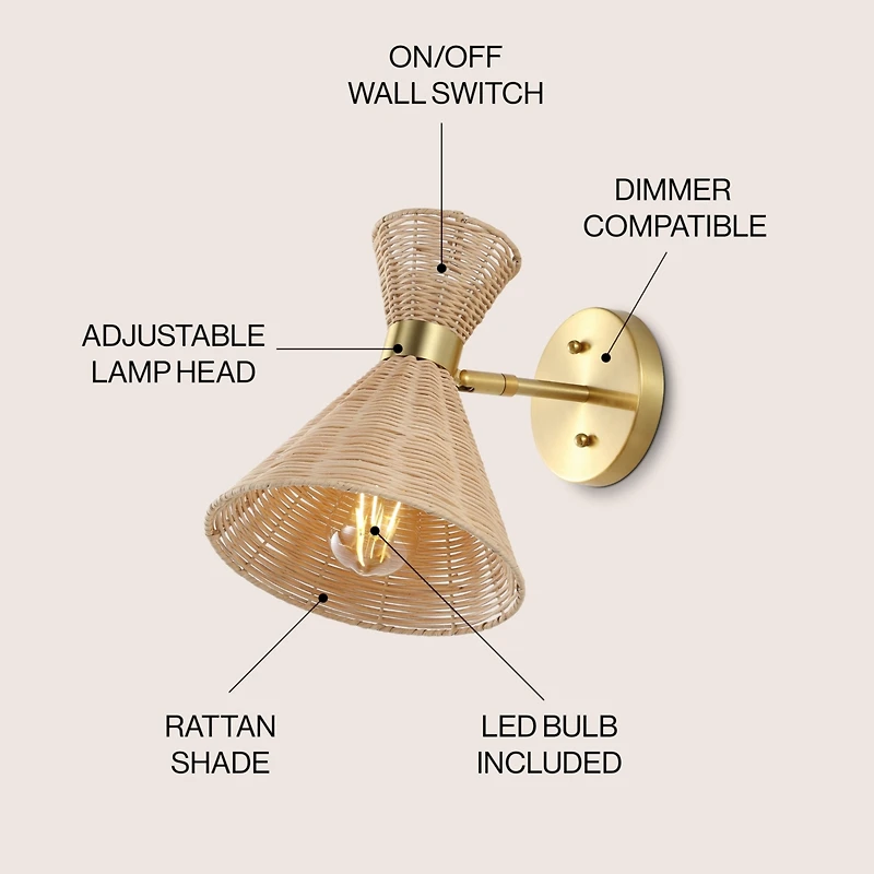 Jonathan Y Zoey 10" 1-Light Mid-Century Vintage Retro Rattan/Metal Led Sconce with Adjustable Shade, Light Brown/Brass Gold