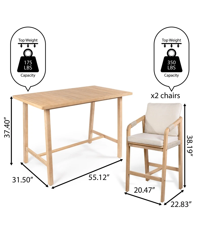 Porto Modern Coastal 3-Piece Acacia Wood Outdoor Square Bar Table Set with Cushions