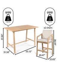 Porto Modern Coastal 3-Piece Acacia Wood Outdoor Square Bar Table Set with Cushions