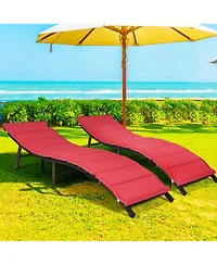 Gymax Set of 2 Folding Wicker Chaise Portable Lounge Chair w/ Double Sided Cushion